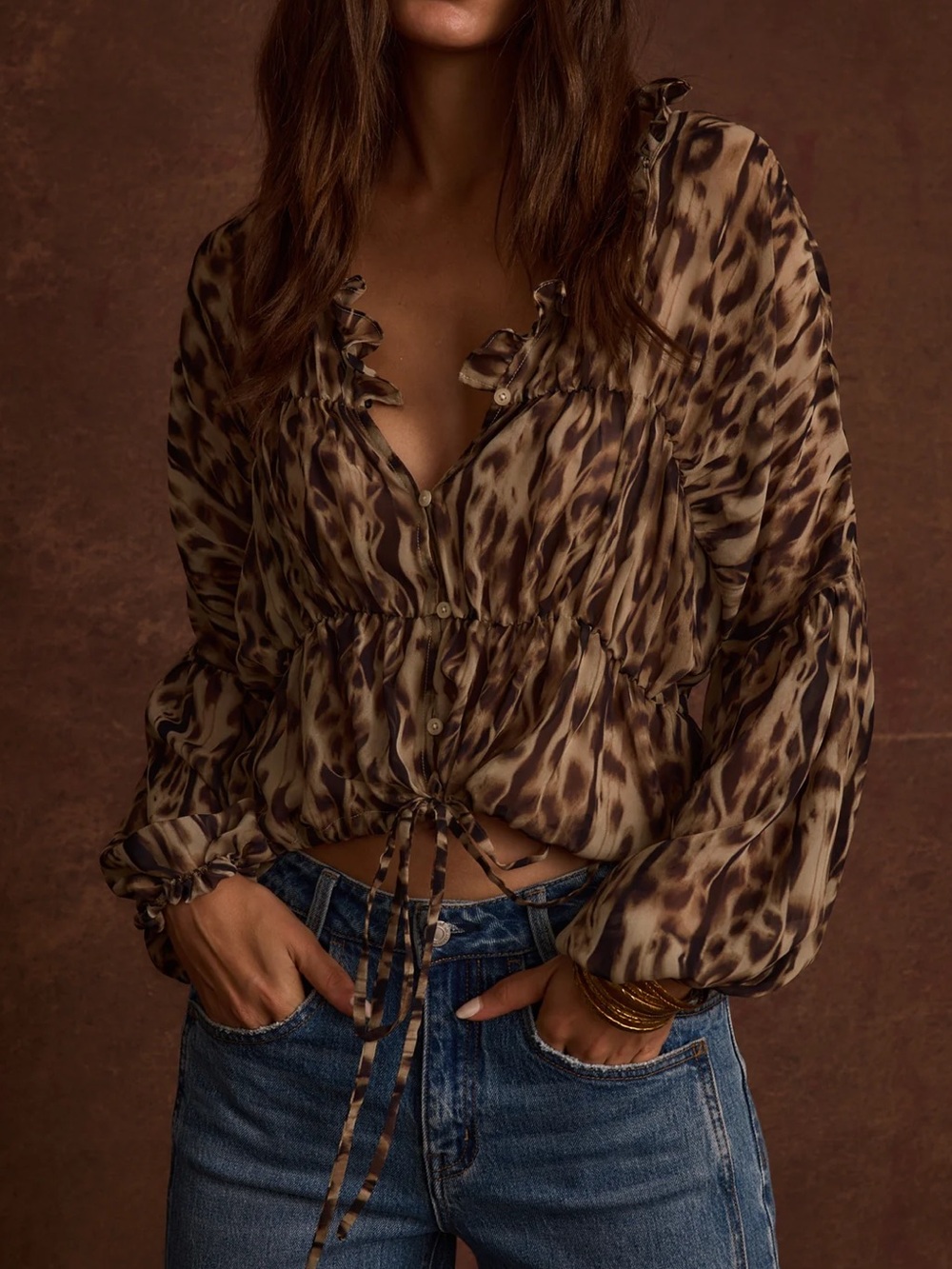 Alba Leopard Chiffon Long Sleeve Blouse